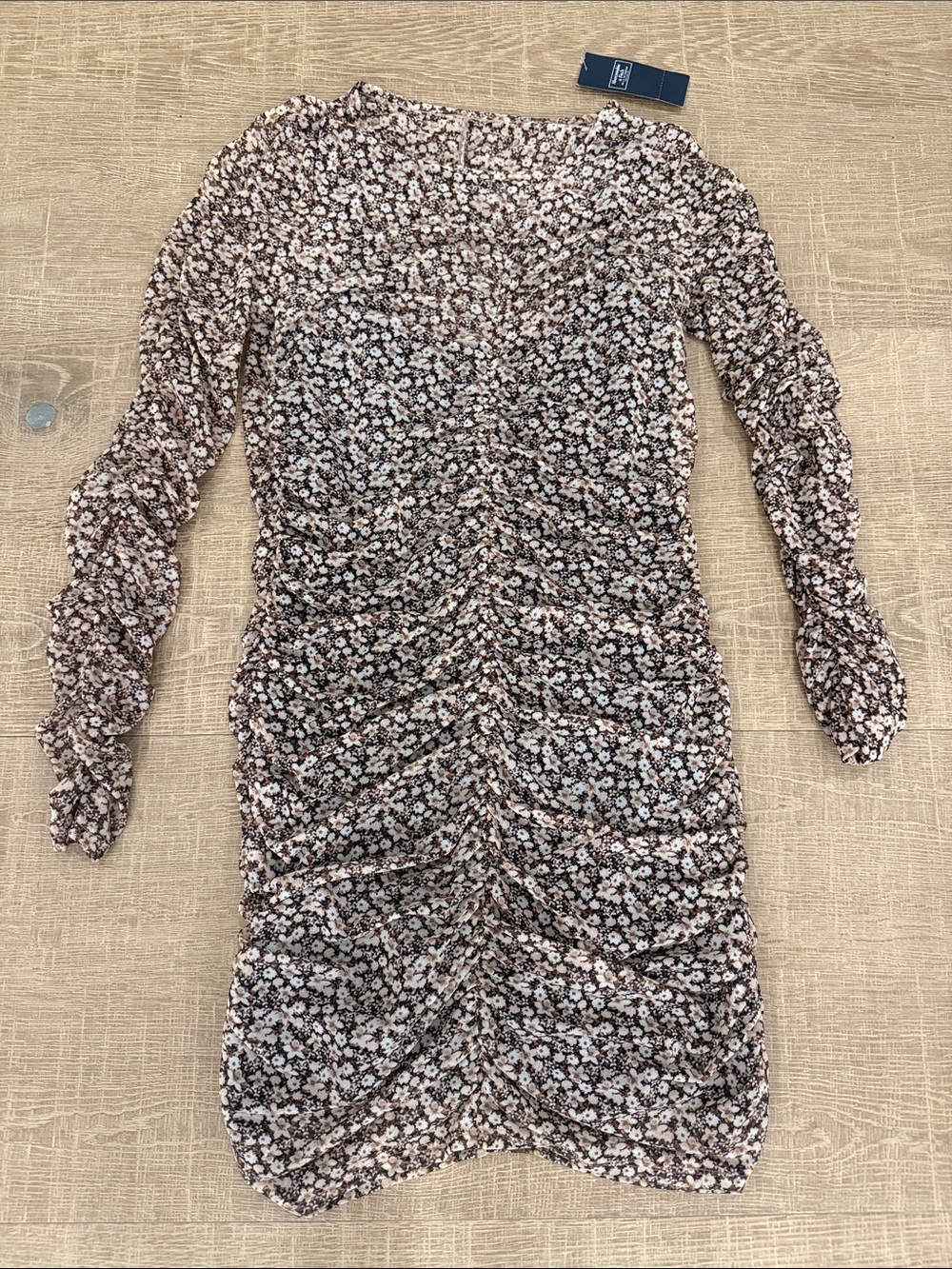 Abercrombie & Fitch Brown Floral Ruched Long-Sleeve Mini Dress